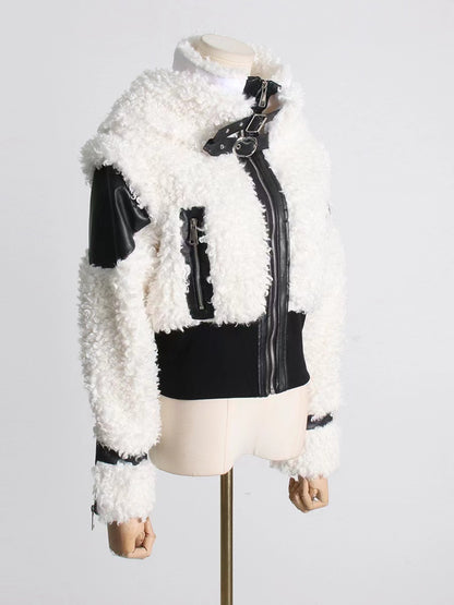 Women's Lamb Wool Stitching PU Leather Zipper Jacket